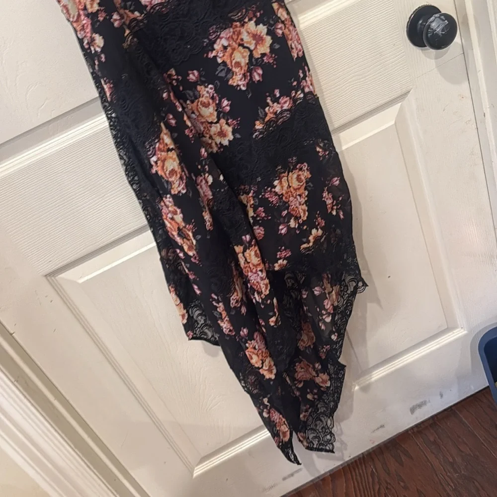 Free People black floral asymmetrical midi dress, size 2